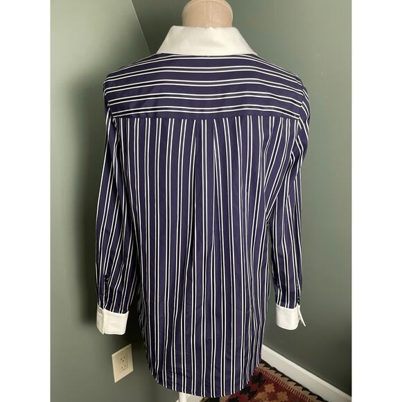 Per Se by Carlisle Women's Navy White Stripe Long Sleeve Collared Top. Size 8. - Picture 5 of 8